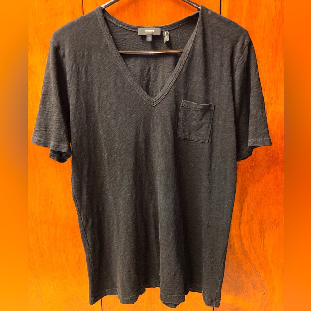 Theory Women’s Black V-Neck Cotton T-Shirt with Pocket | Size L